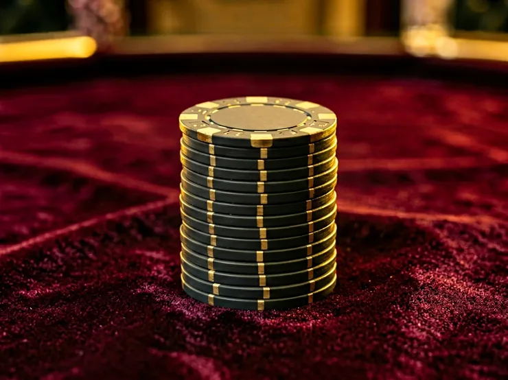 Premium poker chip stack on dark wine velvet, brass gold rim lighting
