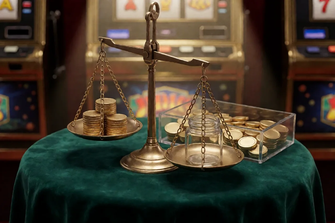 Brass scale with a stack of gold coins on one pan and an empty glass jar on the other, a glass tray of coins behind, on a green velvet table with blurred slot cabinets